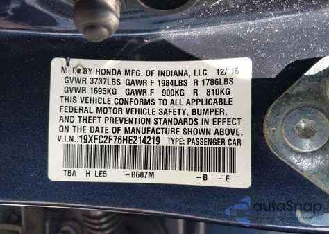 2017 Honda Civic Ex from USA, damaged, VIN 19XFC2F76HE214219